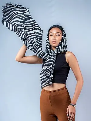Black and White Zebra Print Pashmina Stole from Nepal