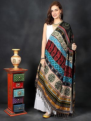 Handloom Pure Wool Shawl from Ladakh with Multicolor Paisley-Floral Motif
