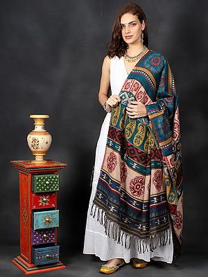 Handloom Pure Wool Shawl from Ladakh with Multicolor Paisley-Floral Motif