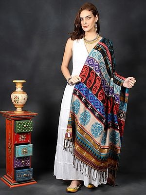 Handloom Pure Wool Shawl from Ladakh with Multicolor Aztec-Paisley-Floral Motif