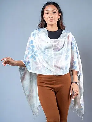 Pashmina Silk Multicolor Plumeria Alba Flower Printed Stole with Fringe from Nepal