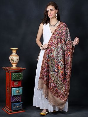 Nomad-Brown Aari Embroidered Shawl With All-Over Multicolor Floral-Peacock Motif