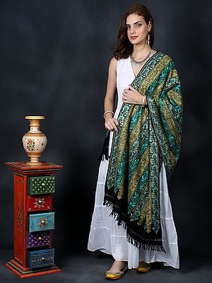 Moonless-Night Aari Embroidered Stole With All-Over Multicolor Striped Pattern Floral Motif