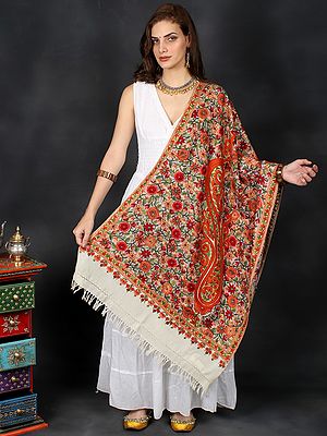 Cannoli-Cream Bold Paisley And All-Over Multicolor Floral Motif Aari Embroidered Shawl From Kashmir