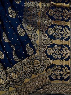 Art Silk Brocaded Paisley Motif Banarasi Saree All-Over Golden Zari Woven