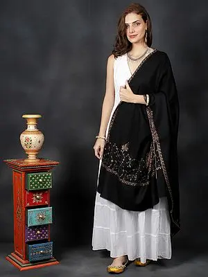Graphite Jaal Pattern Sozni Shawl With Hand-Embroidered Paisley-Flowers from Kashmir