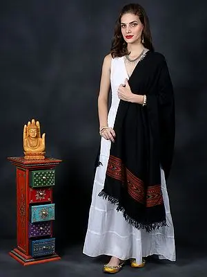 Black-Onyx Stole from Kullu with Kinnauri Border And Herringbone Weave
