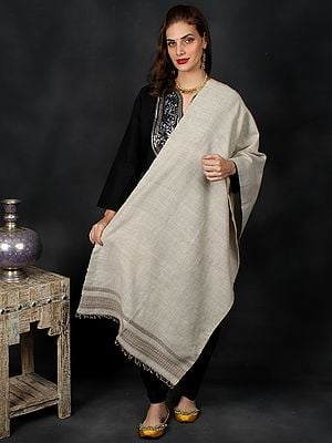 Oyster-Gray Stole from Kutch with Contrast Thread Weave on Border and Fringes