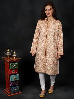 Vanilla-Ice Wool Long Jacket from Kashmir with All-Over Aari-Embroidered Flowers in Square Pattern Motif