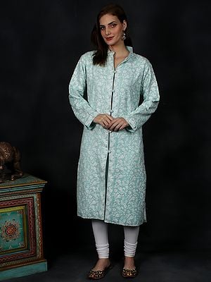 Aqua-Mint All-Over Intricate Aari-Embroidered Floral Wool Long Jacket from Kashmir