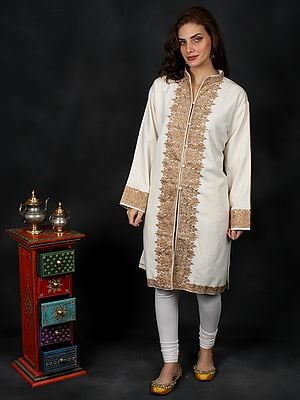 Whisper-White Wool Long Jacket Aari-Embroidered Floral Motif from Kashmir