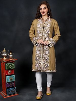Beige Long Wool Jacket Aari-Embroidered Paisley-Floral Motif from Kashmir
