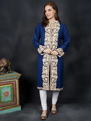 True-Blue Long Wool Jacket Aari-Embroidered Floral Motif from Kashmir