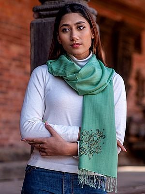 Dusty-Jade-Green Pashmina Silk Beads Embroidery Stole From Nepal
