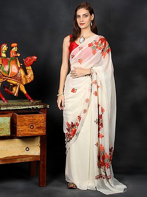 Vanilla-Cream Georgette Kashmiri Sari with Aari-Embroidered Maple Leaf Vine Motif