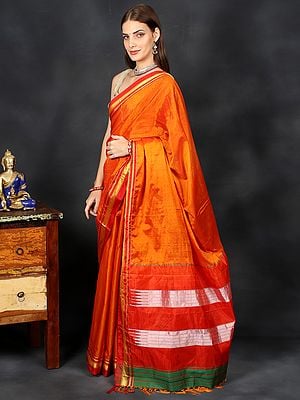 Autumn-Sunset Handloom Narayanepet Cotton Sari from Telangana with Woven Zari Contrast Stripe Pallu and Tassels