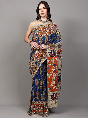 Pure Cotton Hand-Painted Kalamkari Saree with Indian Musical Instruments Print and Floral-Peacock Motif