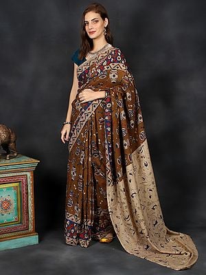 Gray-Sand Hand-Painted Kalamkari Sari with Indian Musical Instruments Print And Floral-Peacock Motif