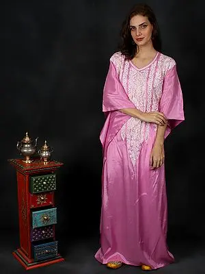Rose-Pink Long Kashmiri Art Silk Kaftan with Floral Aari Hand Embroidery and V-neck Pattern
