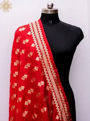 Brocaded Silk Banarasi Dupatta with Golden Zari-Woven Geometric Pattern