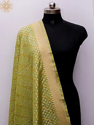 Lime-Green Banarasi Dupatta with All Over Woven Star