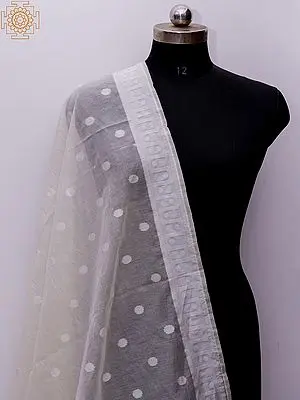 Winter-White Banarasi Cotton Silk Dupatta with Colourful Woven Floral on Border