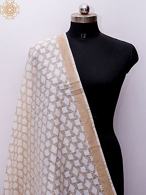 White Banarasi Cotton Silk Dupatta With Floral Jaal Motif