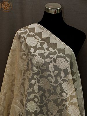 Ivory Cream Banarasi Cotton Silk With All-Over Flower Motif