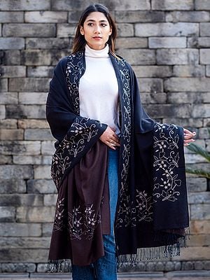 Blue-Brown Pashmina Silk Reversible Extra-Wide Shawl From Nepal With Embroidered Floral Pattern Border