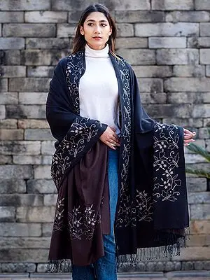 Blue-Brown Pashmina Silk Reversible Extra-Wide Shawl from Nepal with Embroidered Floral Pattern Border