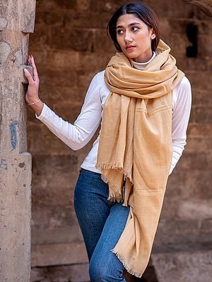 Honey-Peach Pure Pashmina Extra-Wide Shawl From Nepal With Plain Weave