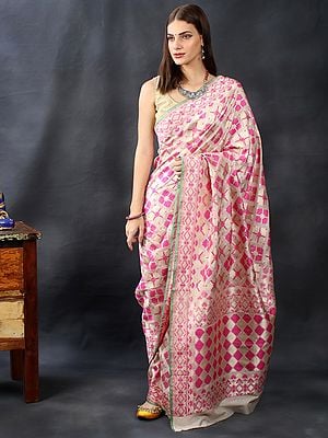 Pearled-Ivory Handloom Banarasi Pure Chiffon Saree With Magenta Chowkadi Jaal Pattern