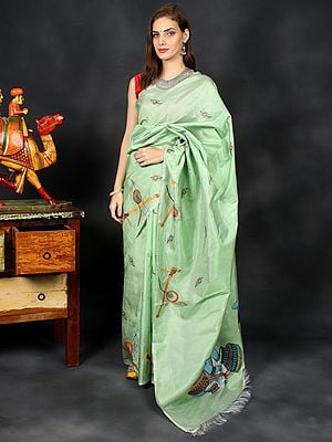 Pastel-Green Hand Embroidered Saree With Peacock Feather On Body And Baal Gopal Krishna On Pallu
