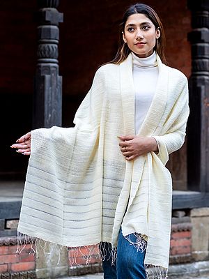 Ivory Rib Weave Pure Pashmina Stole from Nepal