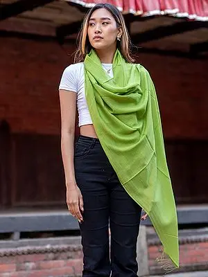 Lime-Green Pashmina Silk Summer Color Stole from Nepal with Fringe