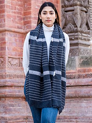 Blue-Shadow Pure Pashmina Striped Pattern Stole from Nepal