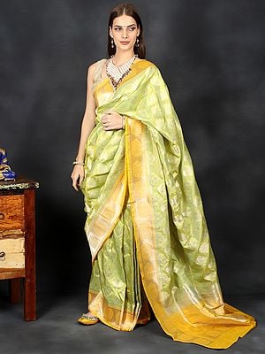 Lime-Green Banarasi Katan Silk Sari With Floral Woven All-Over Pattern