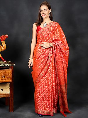 Fuschia-Orange Handloom Iridescent Art Silk Sari From Chennai with Woven Contrast Lines and Tassels