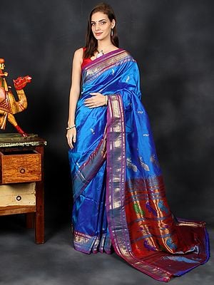 Azure-Blue Brocaded Paithani Handloom Silk Sari from Maharashtra with Peacock Motif Zari-Woven Pallu