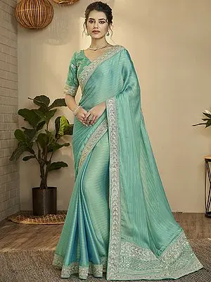 Sea-Green Silk Sequins-Zari Pinstripe Pattern Saree With Paisley Vine Motif Border