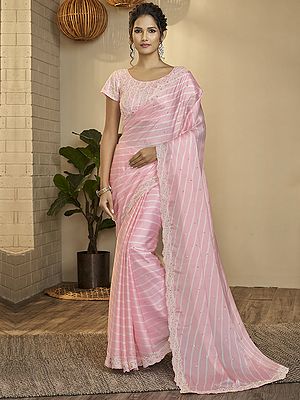 Baby-Pink Tabby Silk Scalloped Lehariya Saree with All-Over Thread Butta Embroidery