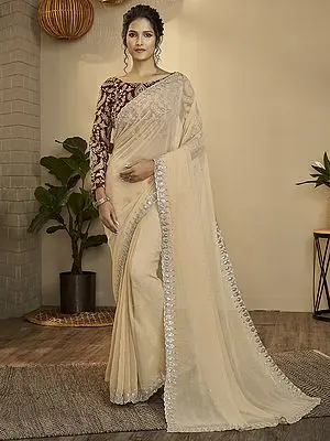 Beige Georgette Saree with All-Over Bundi Motif and Sequin Vine Border