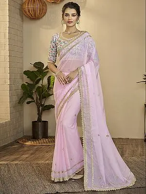 Baby-Pink Organza Scalloped Border Saree with Thread-Zari Embroidery and Meenakari Floral Blouse