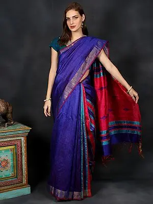 Jamdani Handloom Saree from Bengal with Zari Pinstripe on The Body and Rhombus Woven Pattern on Pallu