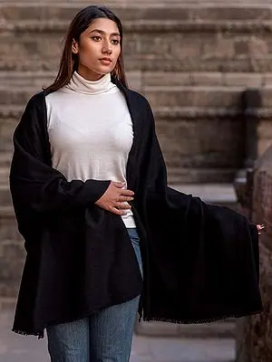 Jet-Black Pure Pashmina Shawl with Twill Weave from Nepal