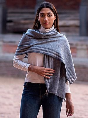 Ghost-Gray Pure Pashmina Two Ply Scarf From Nepal With Stripe Pattern Border