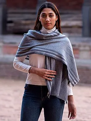 Ghost-Gray Pure Pashmina Two Ply Scarf from Nepal with Stripe Pattern Border
