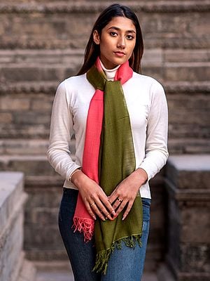 Pink-Green Pashmina Silk Double Shaded Scarf From Nepal With Fringe