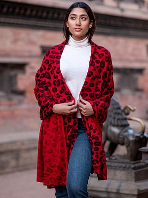 Poppy-Red Pure Pashmina Knitted Blanket Shawl From Nepal With Leopard Pattern Printed