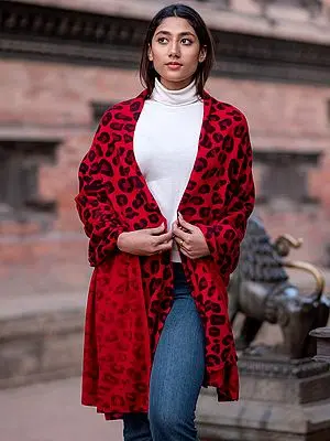 Poppy-Red Pure Pashmina Knitted Blanket Shawl from Nepal with Leopard Pattern Printed